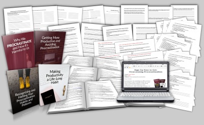 Overcoming Procrastination 4-Part eCourse with 4 Guides, 4 Worksheets, 4 Checklists, 4 Ecover Sets, Delivery Emails and Opt-In Page