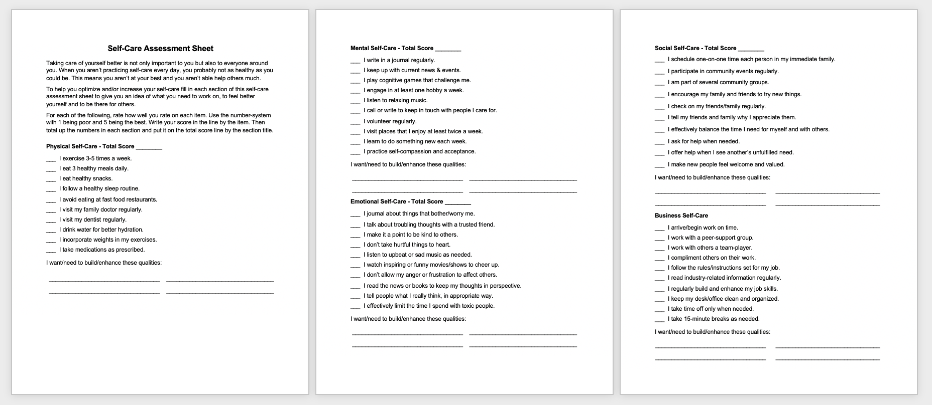 Free Self-Care Assessment Worksheet