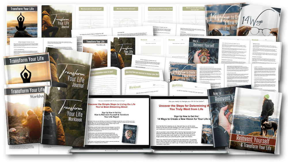 Transform Your Life list-building report, journal, and workbook pack composite marketing image
