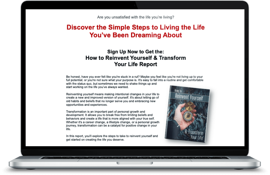 Reinvent Yourself and Transform Your Life Lead Magnet opt-in page promotional graphic