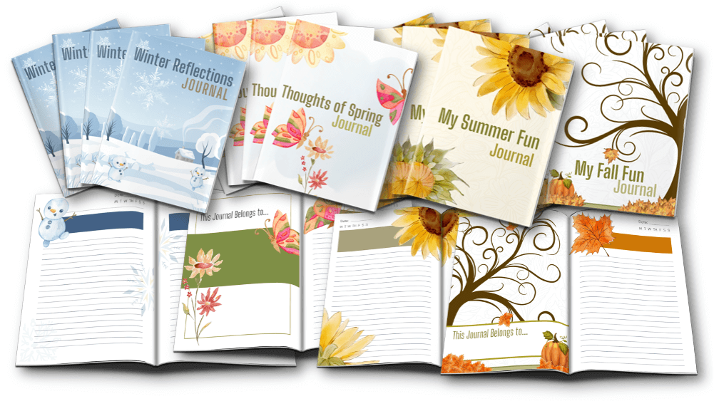 Year of Journaling PLR bundle Seasonal Journals eCover and inside view composite marketing image
